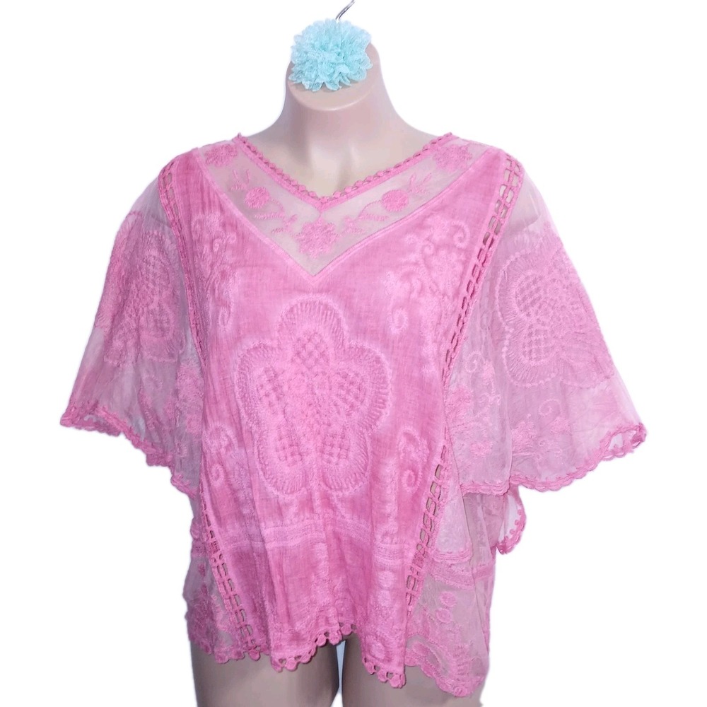 Kindred Anthropologie Women Bohemian Top 1X Salmon Embroidered Boho Cottagecore
